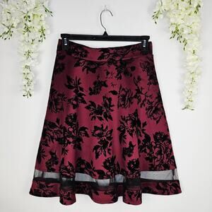 Faith & Joy Burgundy Black Velvet Floral A-Line Skirt Large Elegant Party Vampy